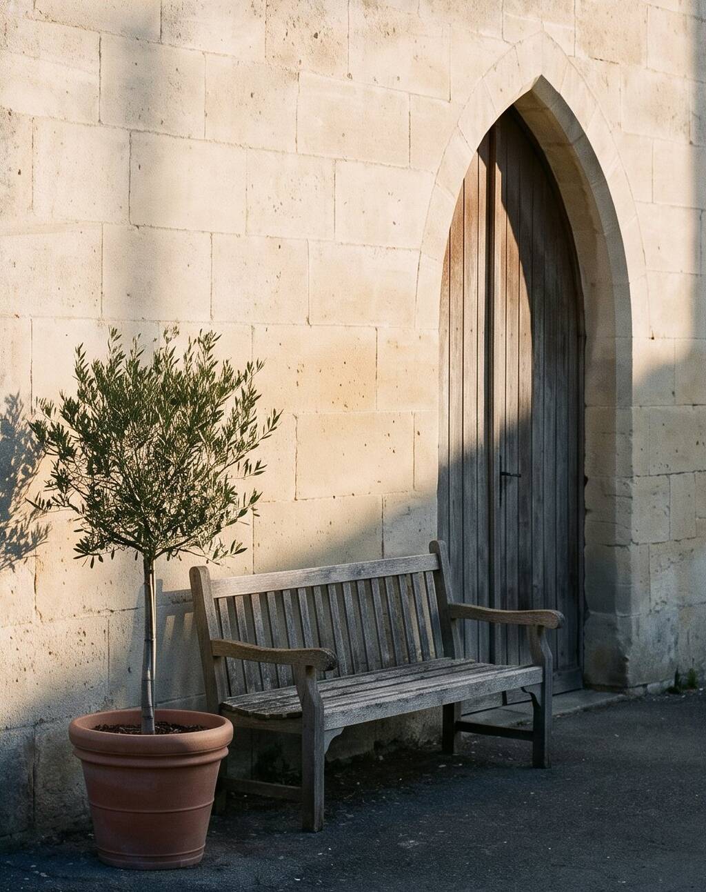 A stone doorway beside a wooden bench and an olive tree.