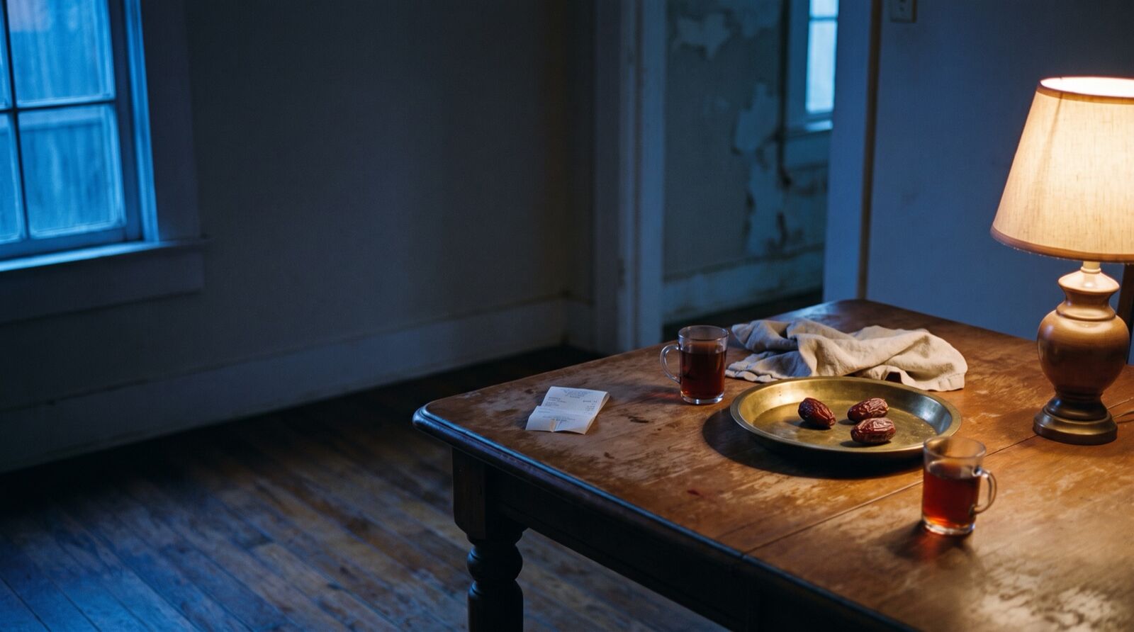 A quiet evening table with dates, tea and a paper receipt.